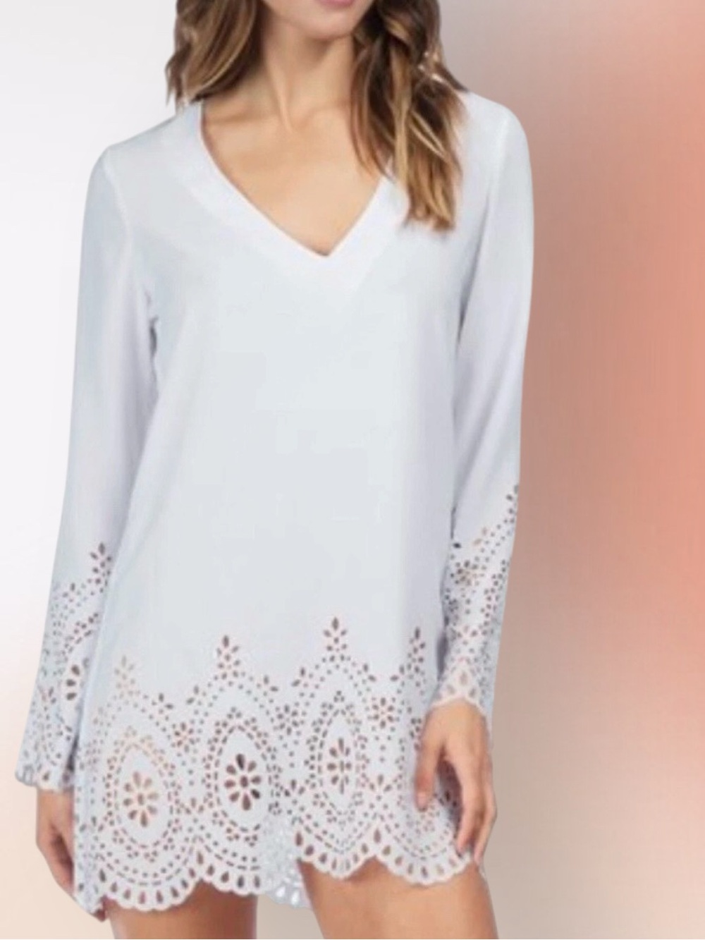 Kenneth Cole Reaction White Laser Cut Scalloped Beach Cover Up or Mini Dress Med